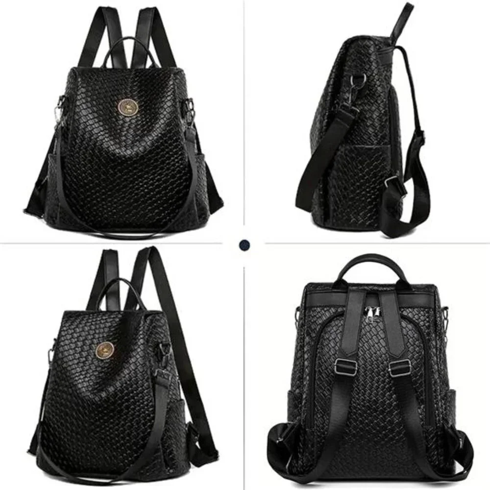 Woven Leather Backpack Purse for Women Waterproof Anti-theft Multipurpose